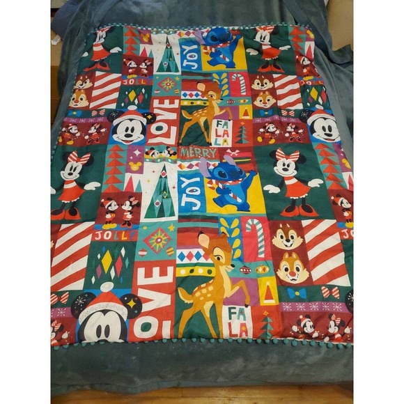 Disney Parks Other - Disney Parks Throw Blanket Mickey Minnie Stitch Holiday Christmas Pom Pom EUC